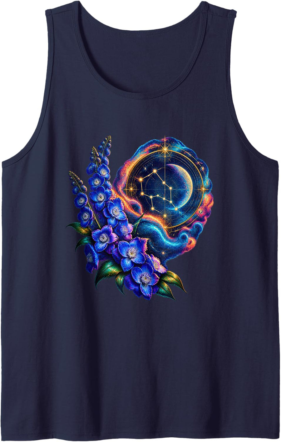 Constellation Map with Blue Delphinium Flowers Sleeveless Tank Top - Navy Blue