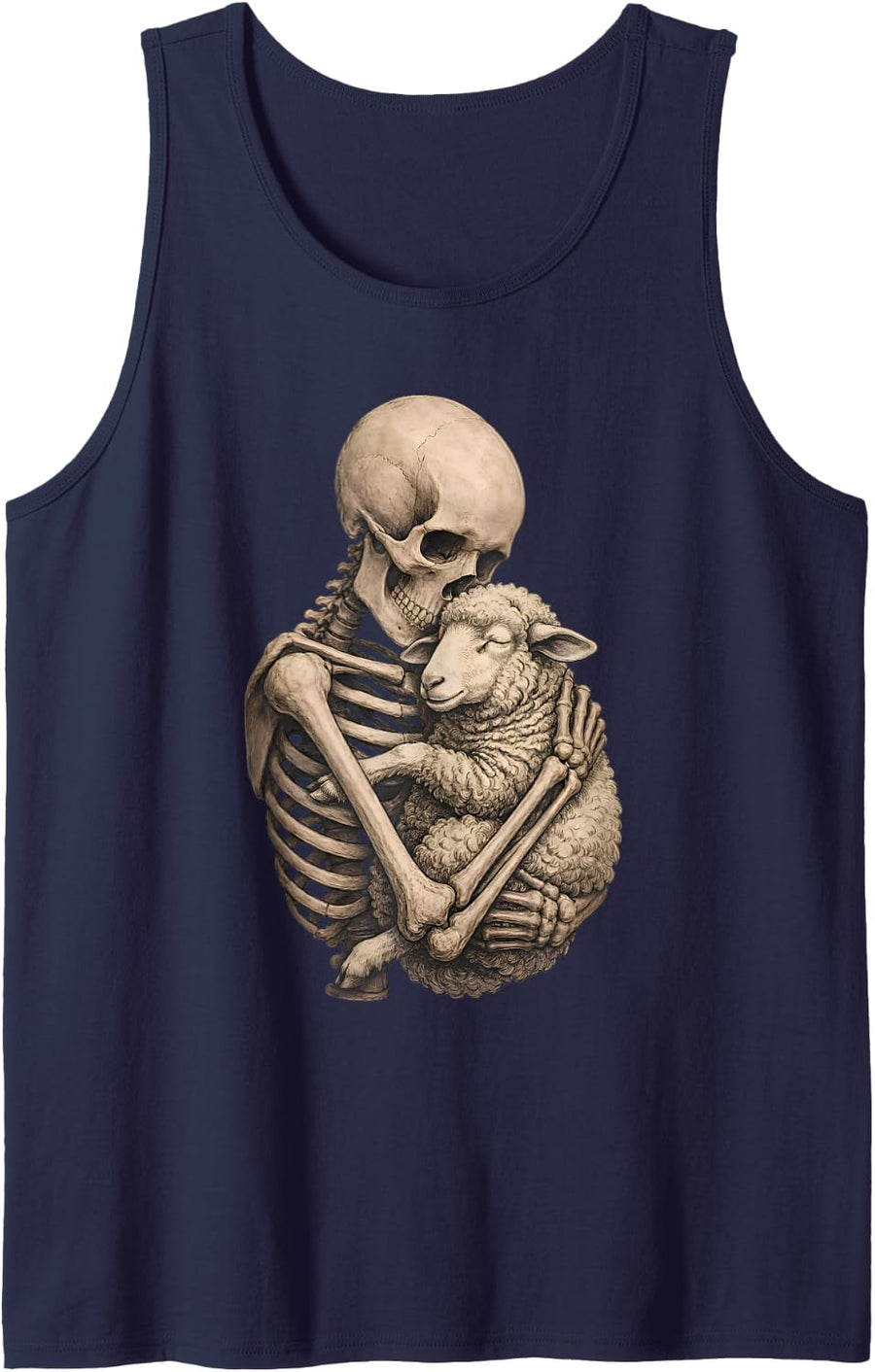 Skeleton Hugging Sheep Dark Academia Cottagecore Lamb Sleeveless Tank Top - Navy Blue