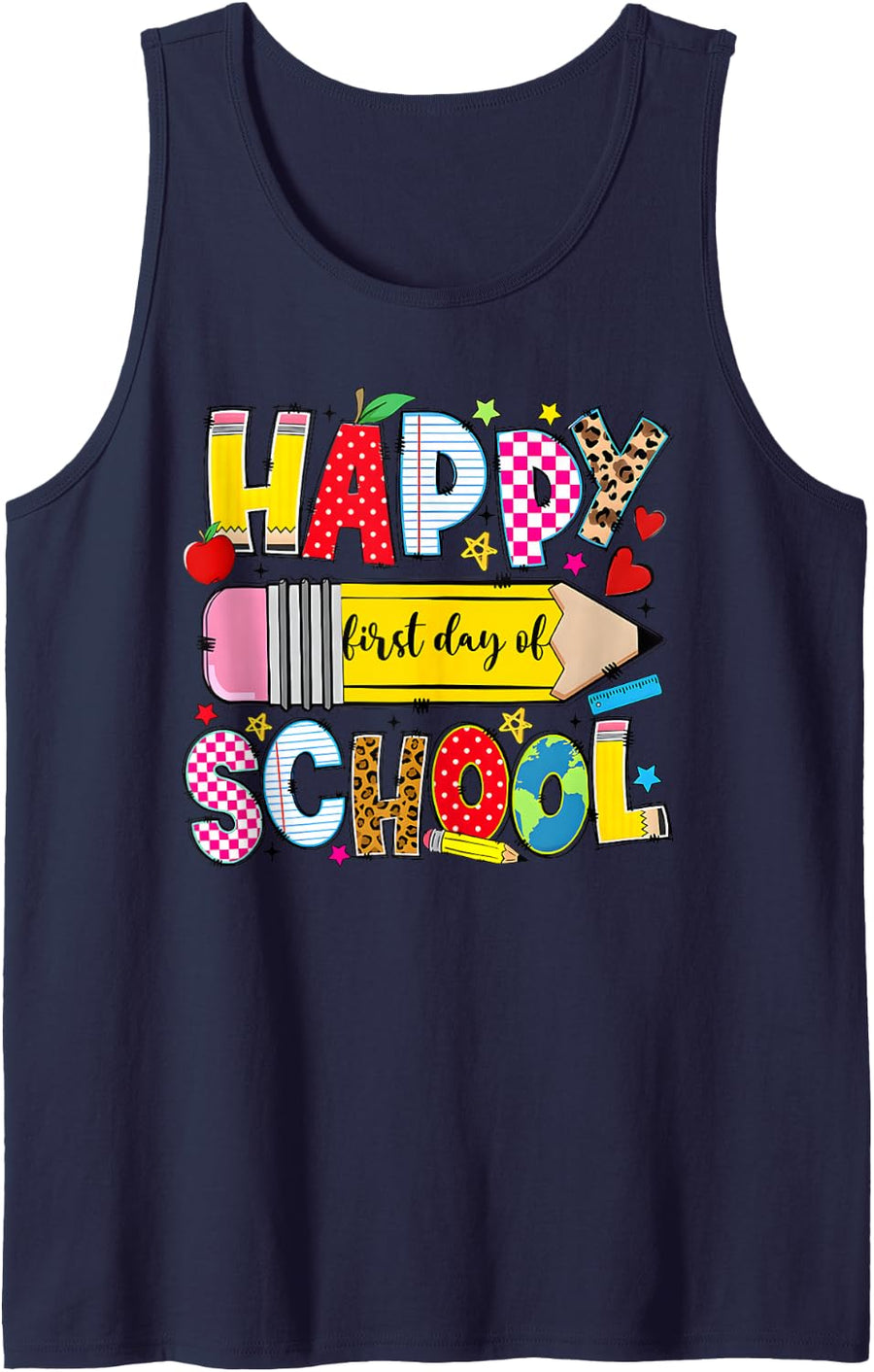 Happy First Day of School Teacher Boys Girls Back to School Sleeveless Tank Top - Navy Blue