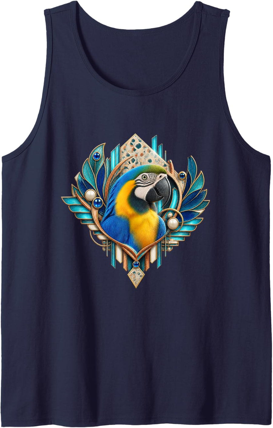 Blue and Gold Macaw in Teal Fan Frame Sleeveless Tank Top - Navy Blue