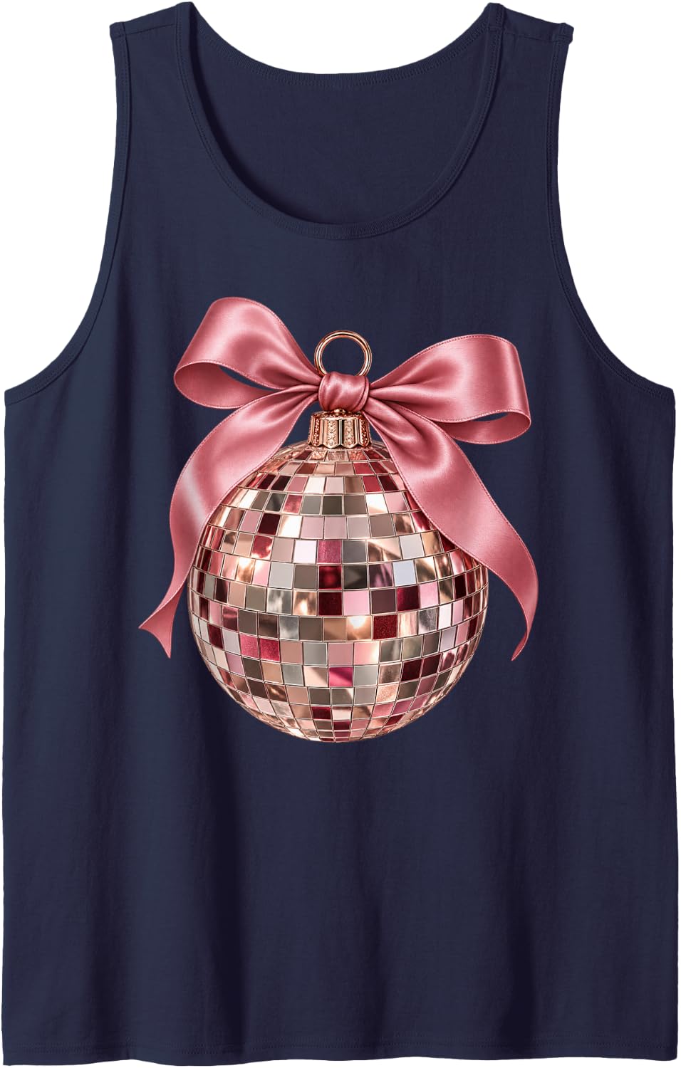 Pink Disco Ball Bow Coquette Christmas New Years Eve Sleeveless Tank Top - Navy Blue