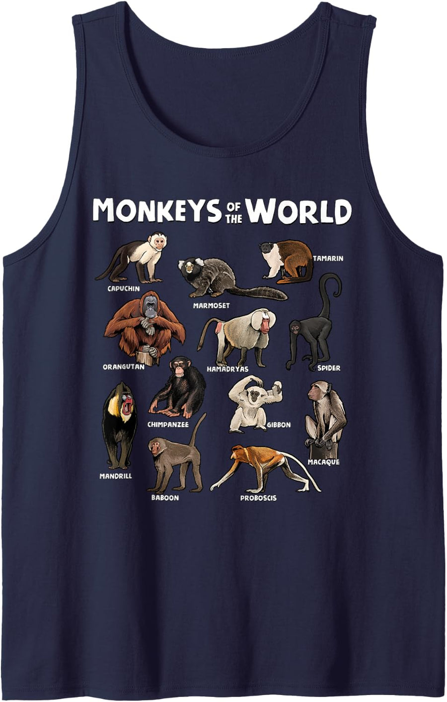Monkeys of the World Realistic Animal Species Design Sleeveless Tank Top - Navy Blue