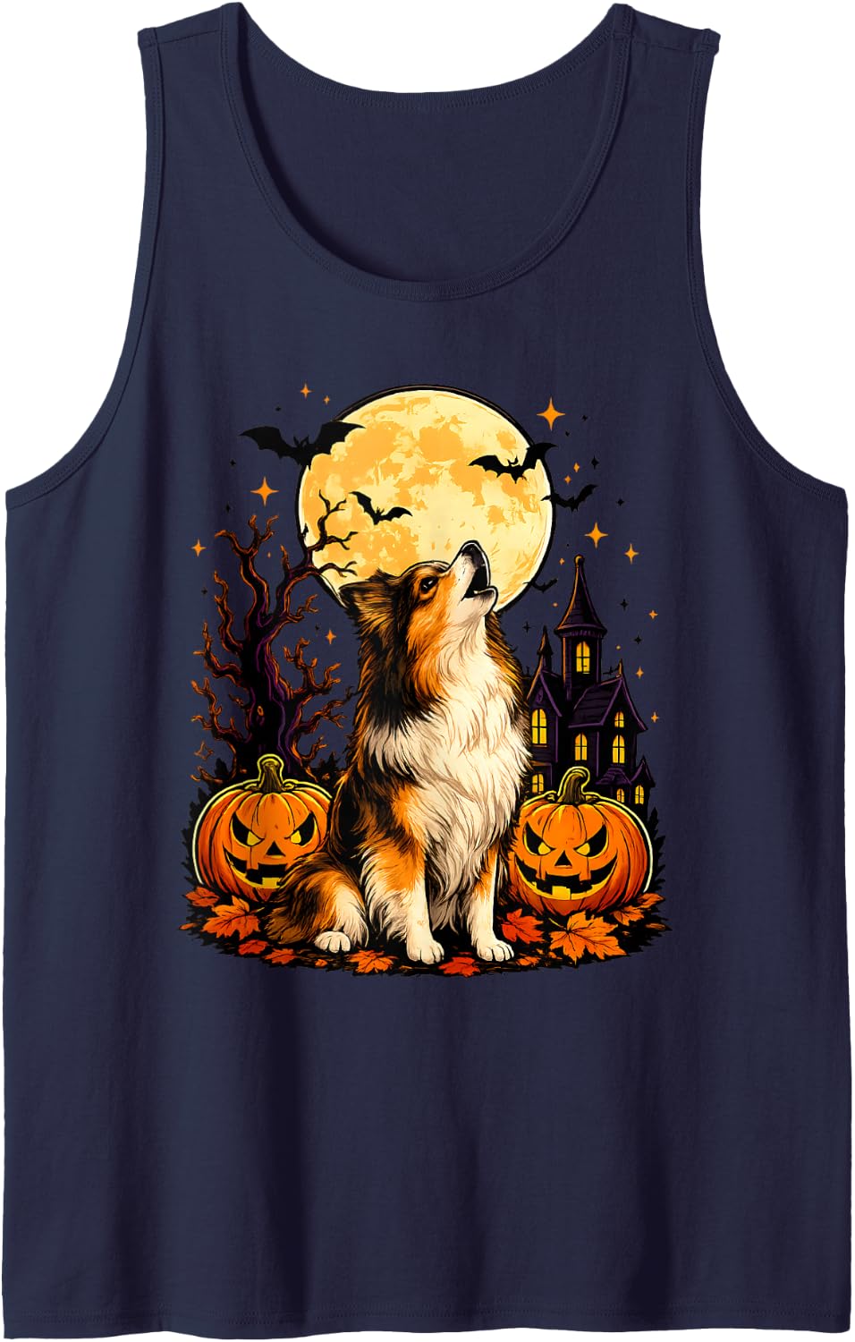 Shetland Sheepdog Howling at The Moon Dog Lover Halloween Tank Top - Navy Blue
