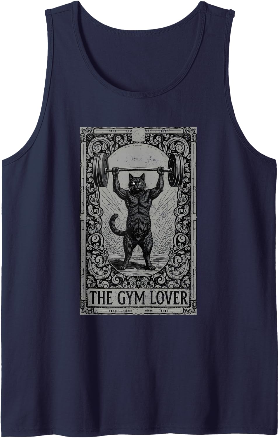 The Gym Lover Tarot Card Cat Lifting Weight Grunge Sleeveless Tank Top - Navy Blue
