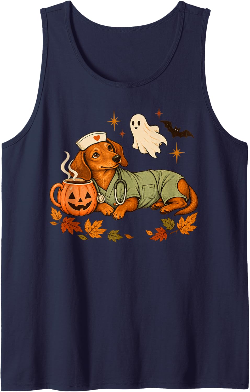 Dachshund Nurse with Halloween Pumpkin Coffee & Bats Autumn Sleeveless Tank Top - Navy Blue