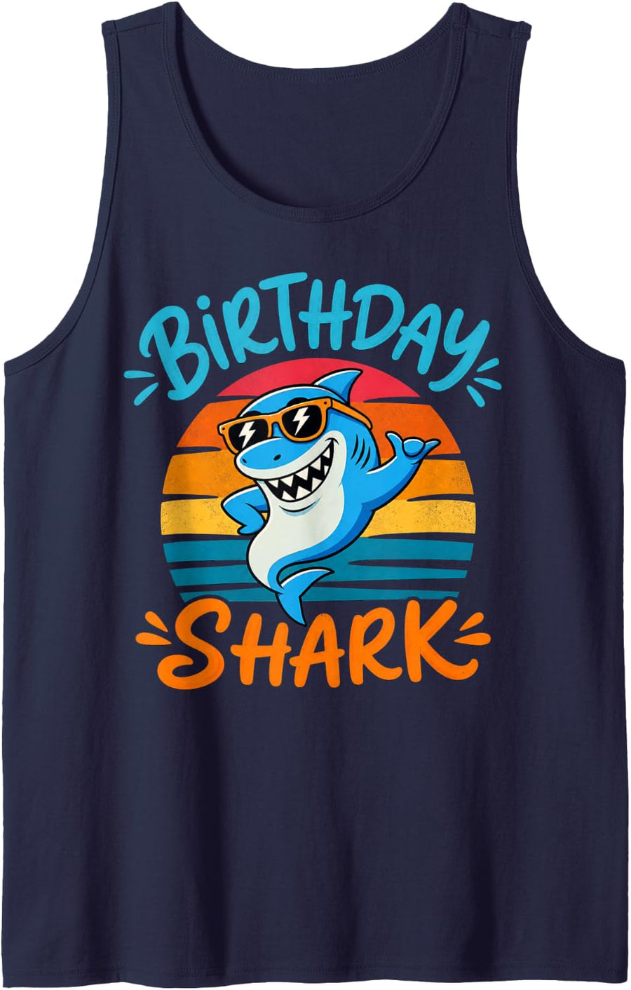 Cartoon Shark Retro Sunset Birthday Tank Top - Navy Blue