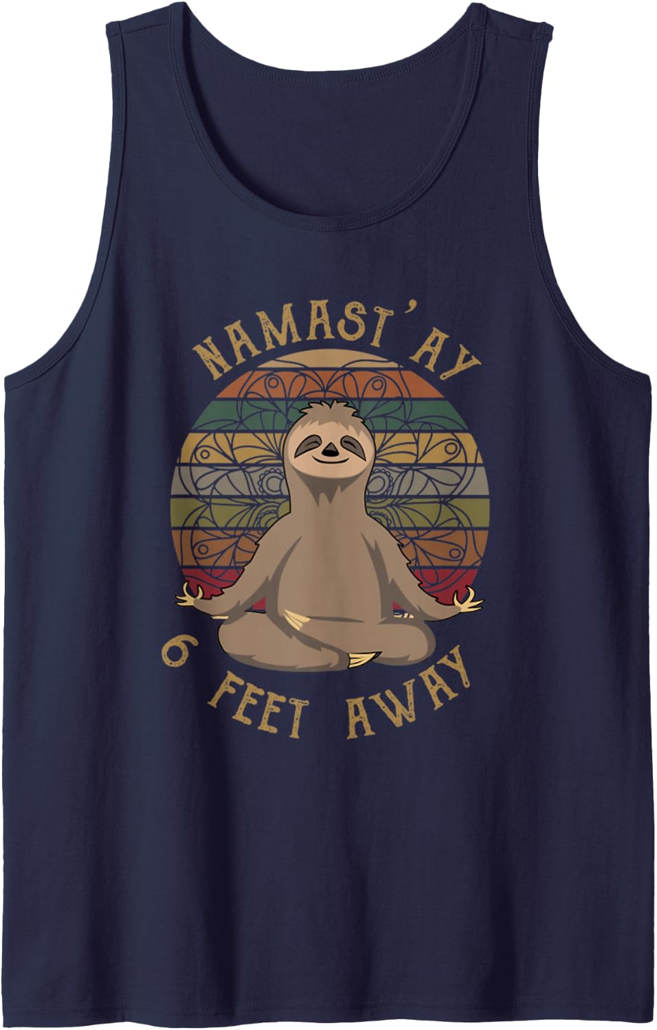 Retro Sunset Sloth Yoga Namas'ay 6 Feet Away Funny Vintage Sleeveless Tank Top - Navy Blue