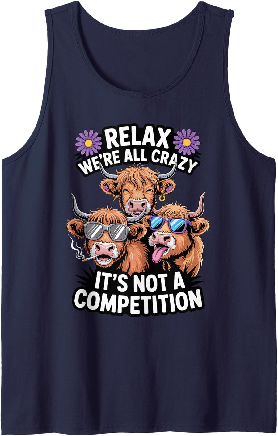 Funny Crazy Highland Cow Humor Design Tank Top - Navy Blue