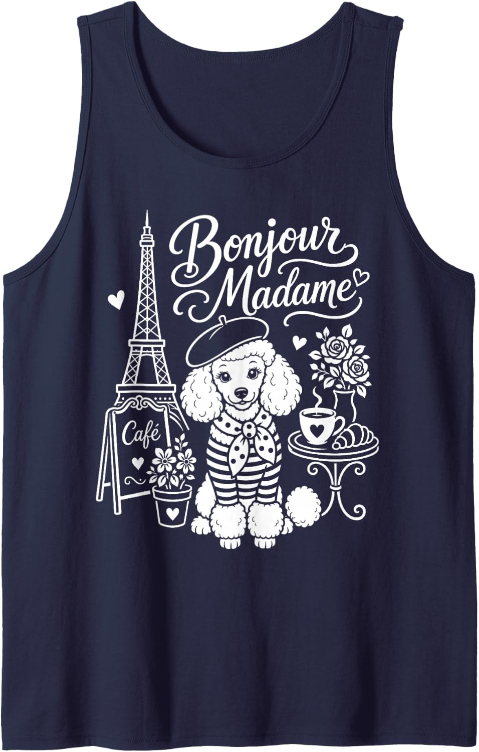 Bonjour Madame Paris Poodle French Cafe Eiffel Tower Art Tank Top - Navy Blue