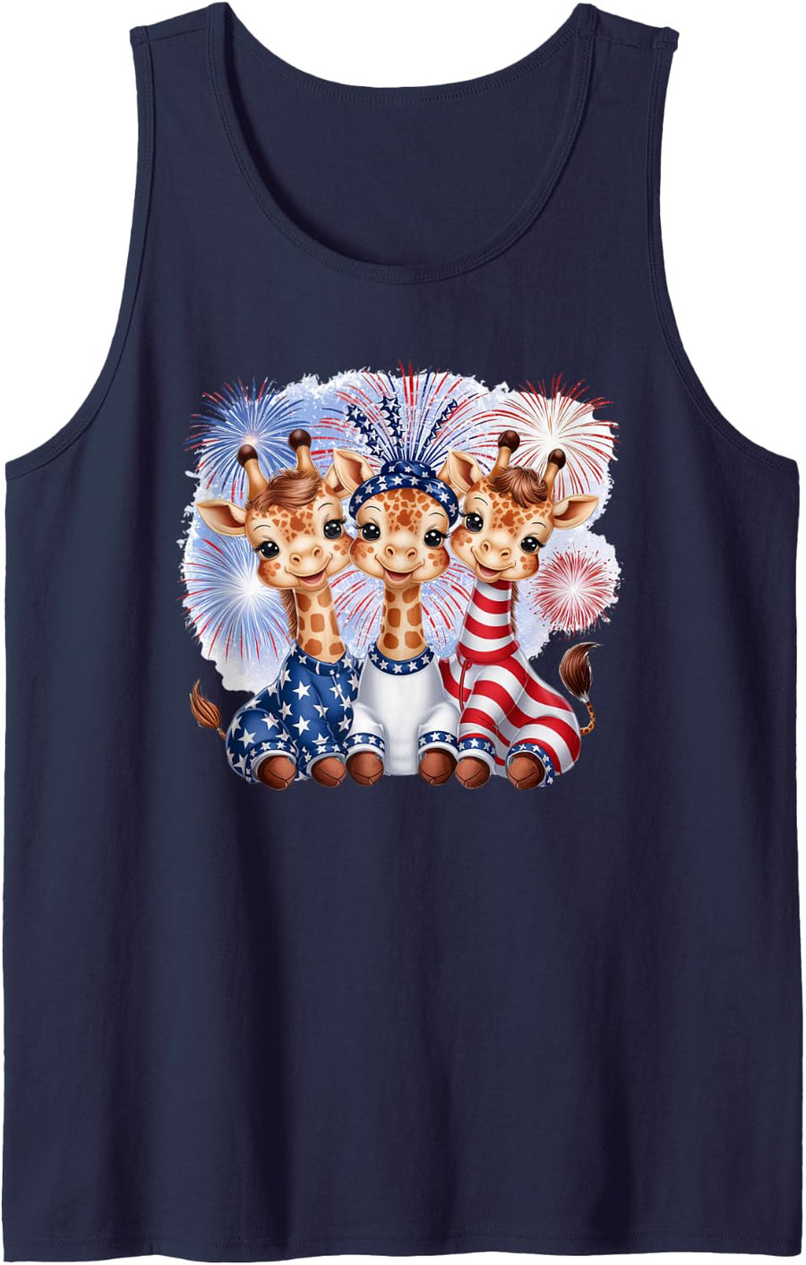 Giraffe 4th of July Party Patriotic Fireworks America Flag Sleeveless Tank Top - Navy Blue