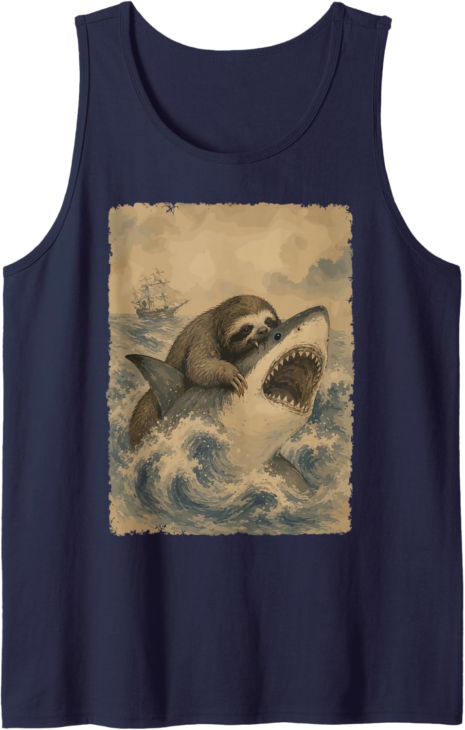 Sloth Biting Shark Funny Ocean Animal Men Kids Sleeveless Tank Top - Navy Blue