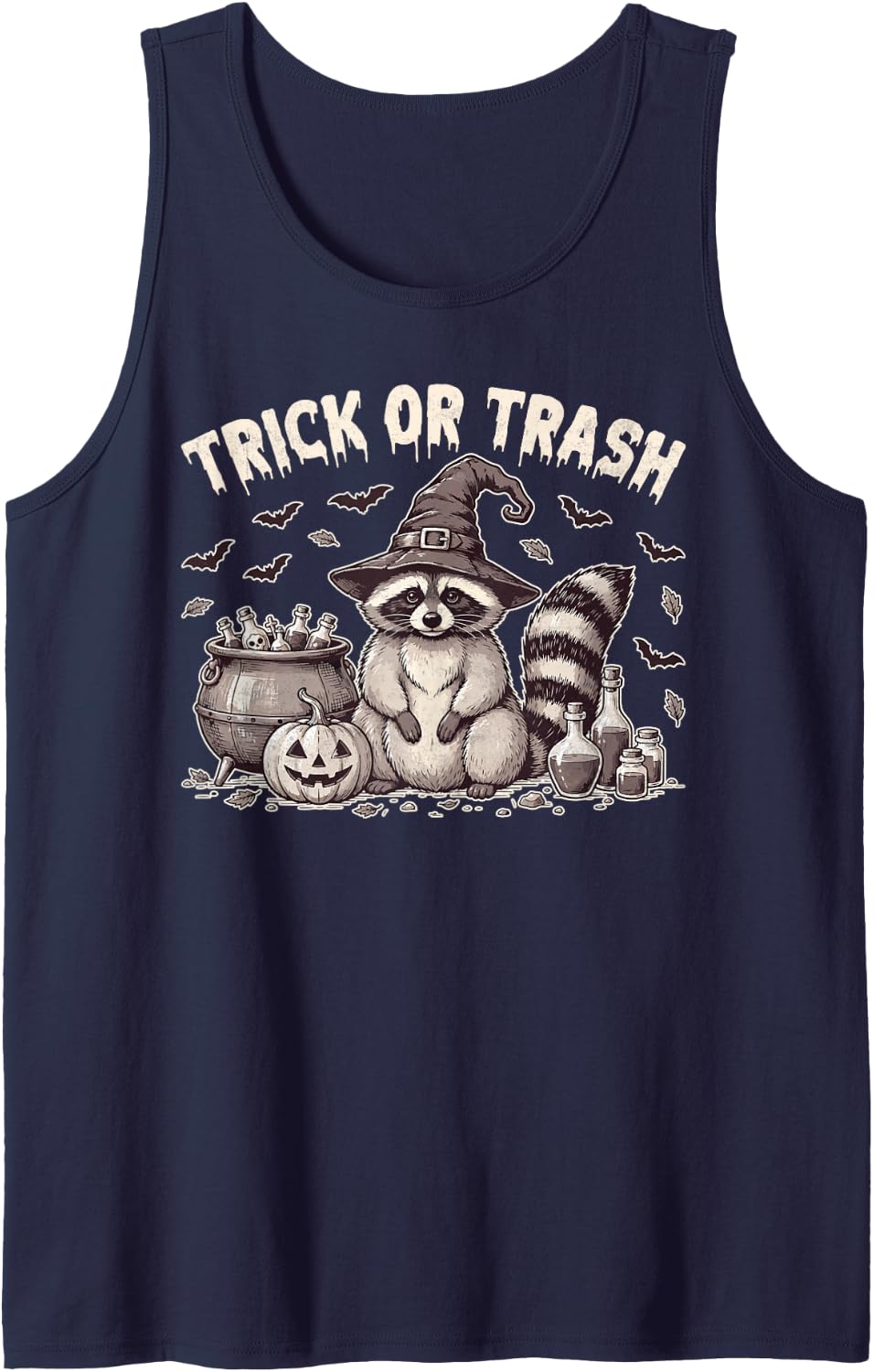 Trick or Trash Raccoon Halloween Trick or Treat Spooky Sleeveless Tank Top - Navy Blue