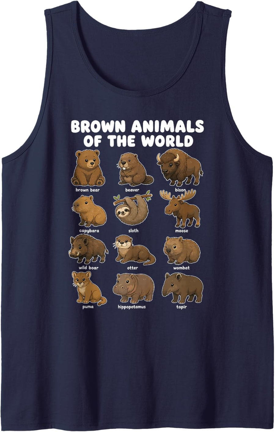 Brown Animals of The World Wildlife Chart Bear Otter Tank Top - Navy Blue