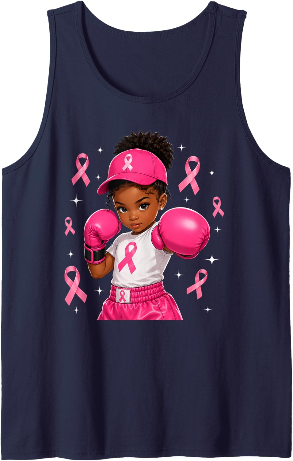 Afro Black Girl African American Breast Cancer Pink Ribbon Sleeveless Tank Top - Navy Blue