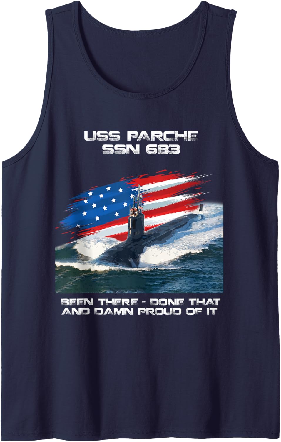 USS Parche SSN-683 American Flag Submarine Veteran Xmas Sleeveless Tank Top - Navy Blue