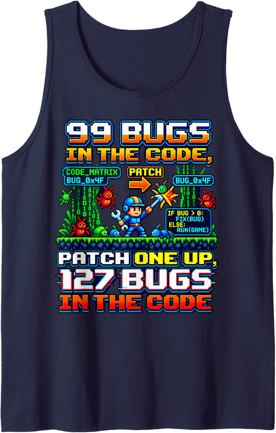 99 Bugs Code Matrix Retro Programmer Debugging Pixel Graphic Sleeveless Tank Top - Navy Blue