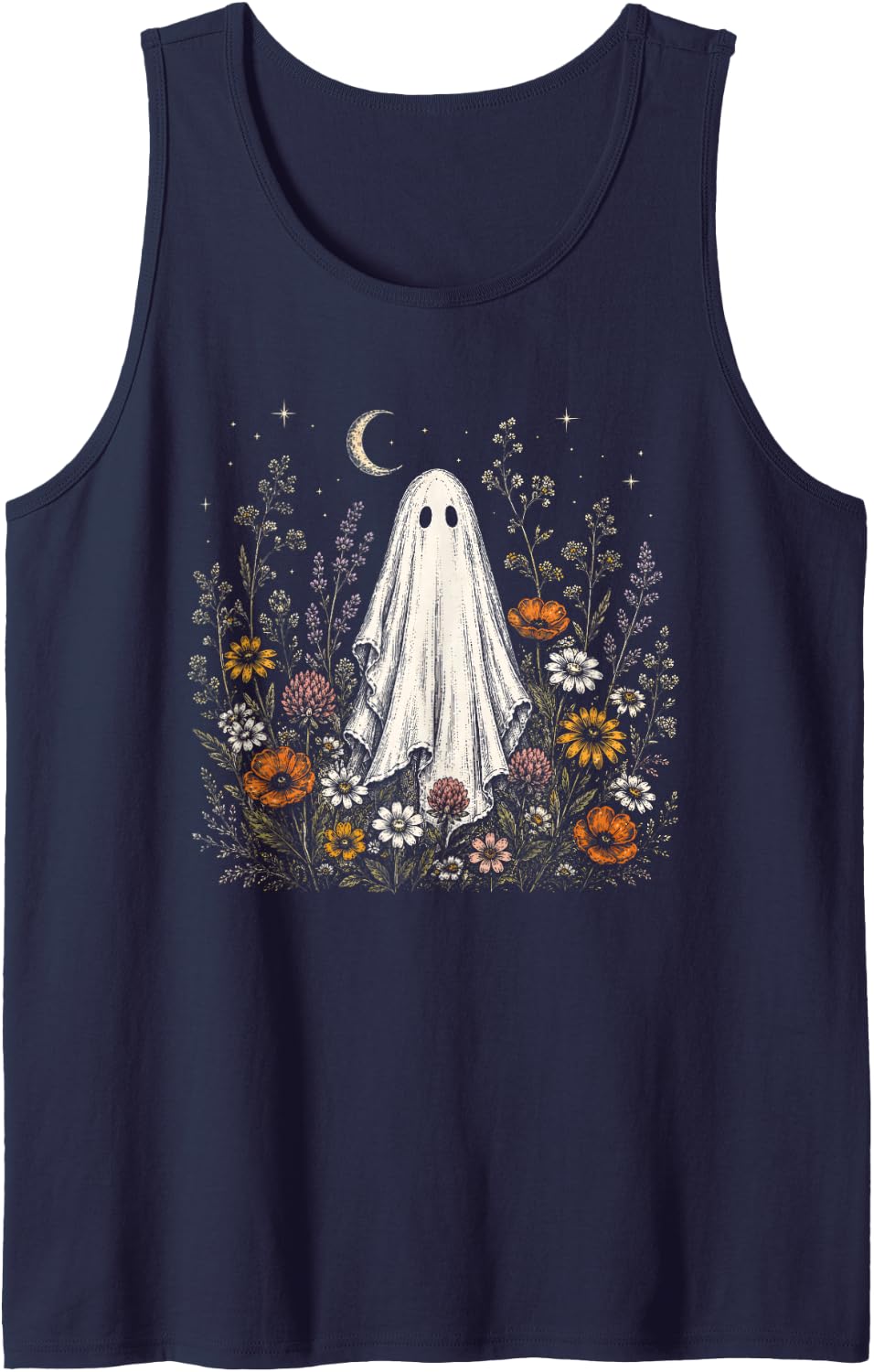 Vintage Halloween Cute Ghost Wildflower Autumn Spooky Season Tank Top - Navy Blue