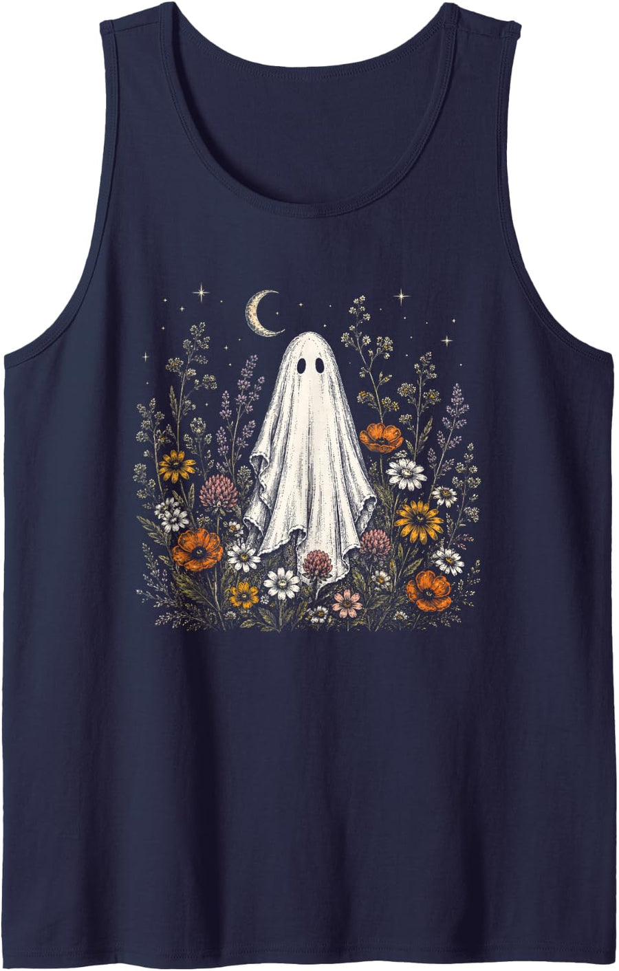 Vintage Halloween Cute Ghost Wildflower Autumn Spooky Season Tank Top - Navy Blue