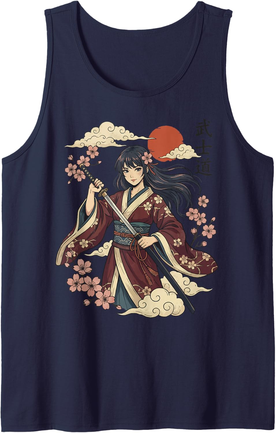 Samurai Japanese Girl Aesthetic Sleeveless Tank Top - Navy Blue