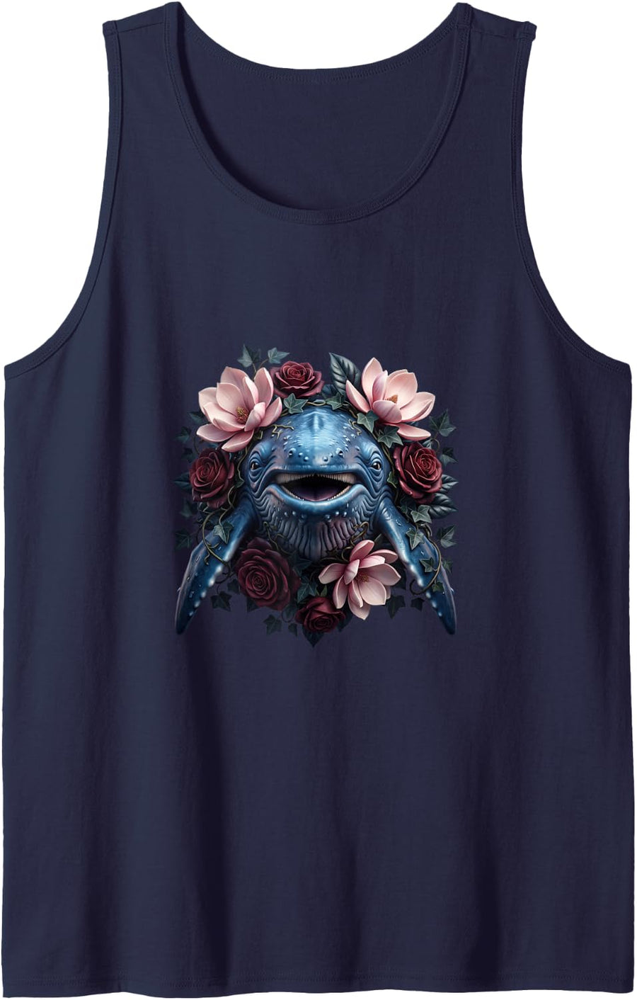 Blue Whale with Soft Pink Flowers Sleeveless Tank Top - Navy Blue