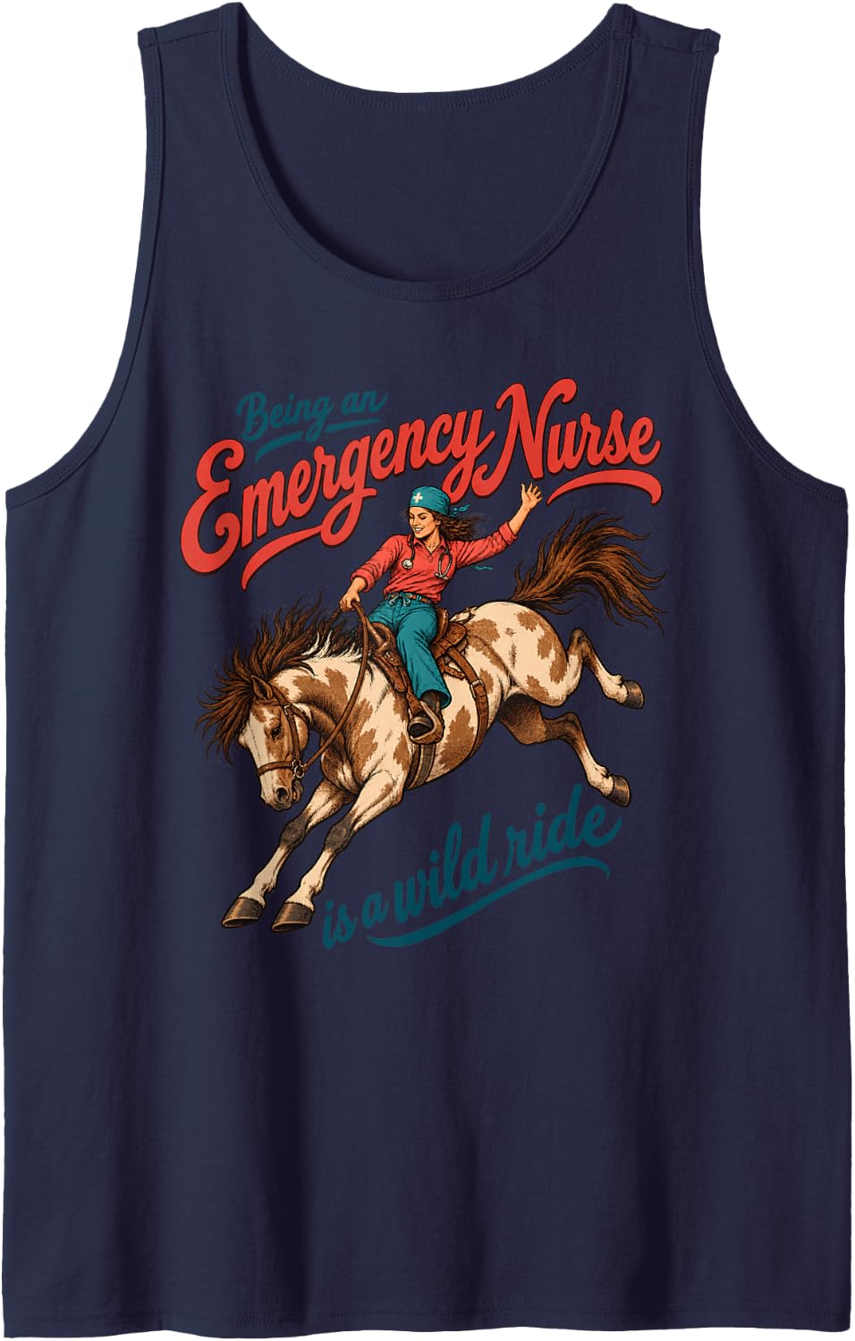 Emergency Nurse Horse Rodeo Western Medical Humor Cowgirl Sleeveless Tank Top - Navy Blue