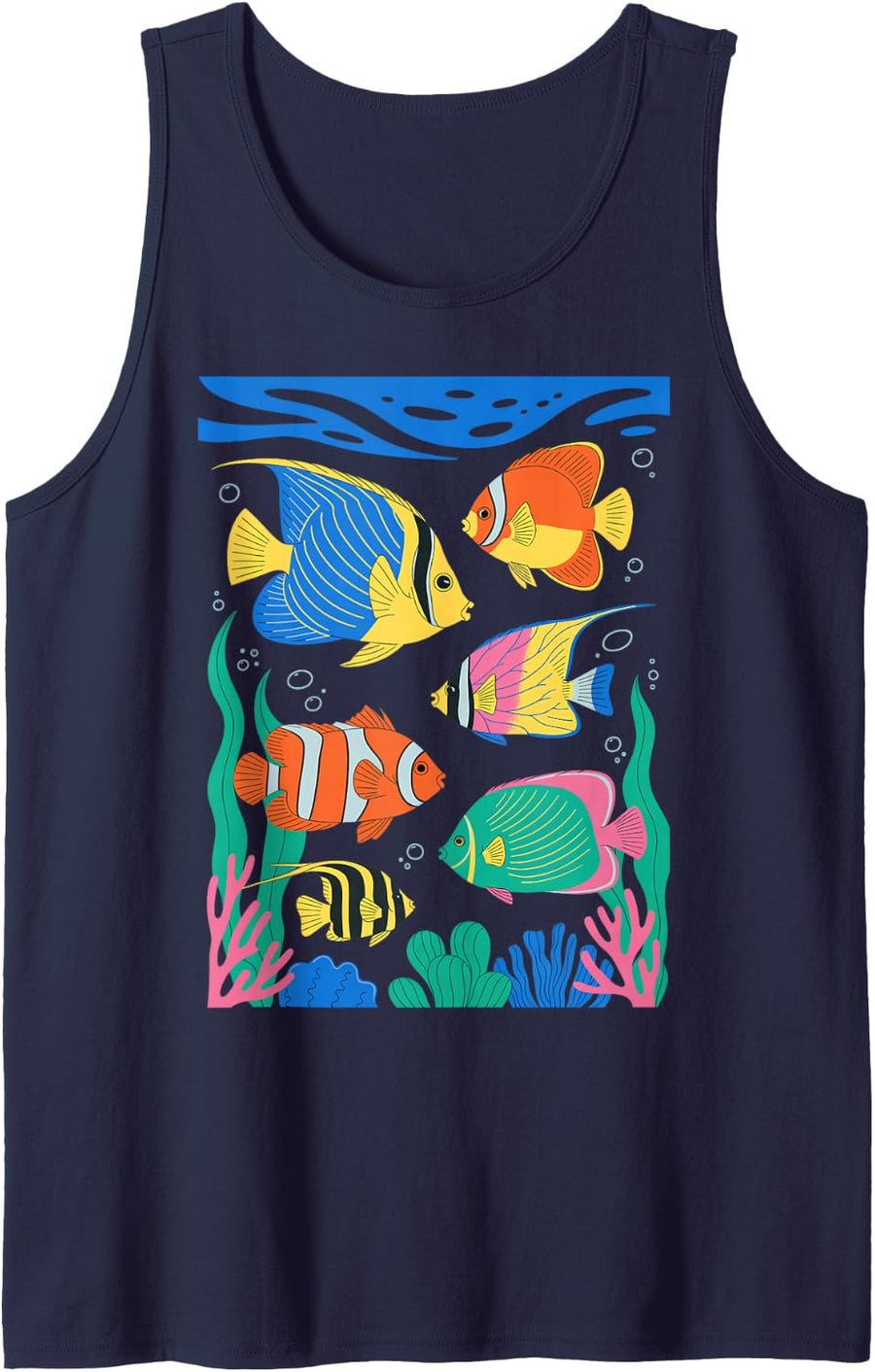 Colorful Fish Graphic Beach Women's Tropical Ocean Sea Life Sleeveless Tank Top - Navy Blue