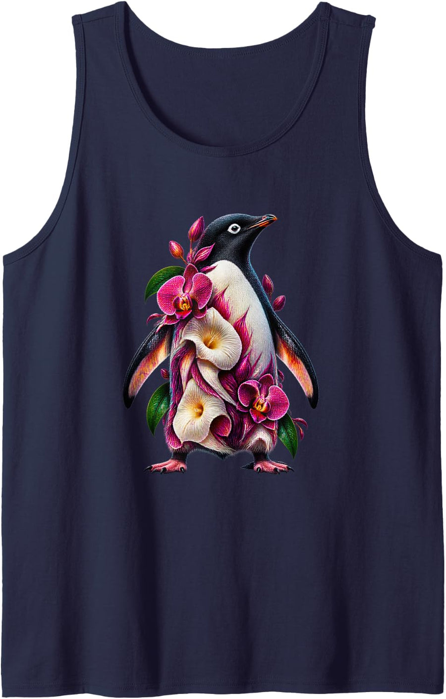 Adelie Penguin with Orchids and Moonflowers Sleeveless Tank Top - Navy Blue