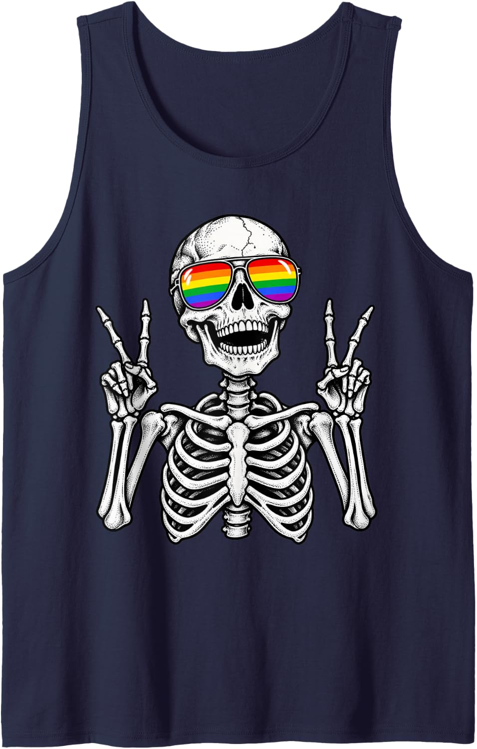 Pride Skeleton Rainbow Sunglasses Peace Sign LGBTQ Sleeveless Tank Top - Navy Blue