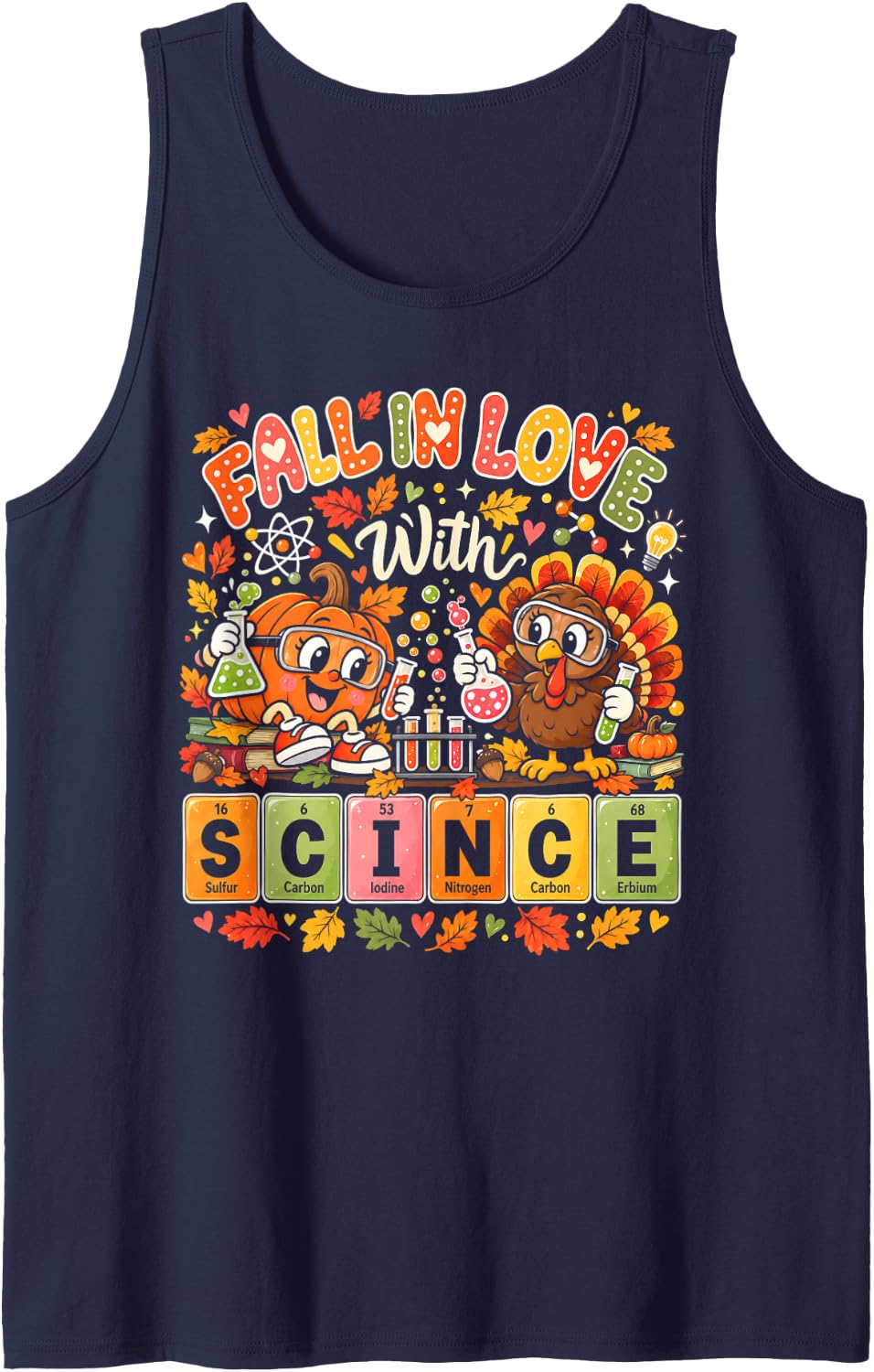 Fall in Love with Science Thanksgiving Turkey STEM Teacher Sleeveless Tank Top - Navy Blue