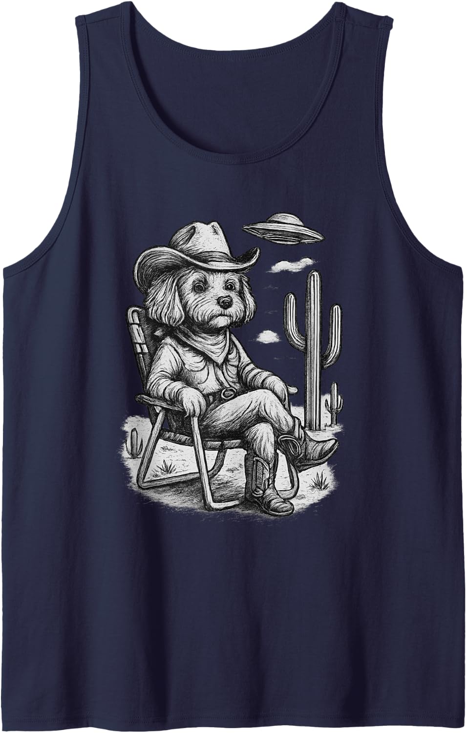 Vintage Cowboy Cavapoo Dog Wild Western Desert with UFO Sleeveless Tank Top - Navy Blue