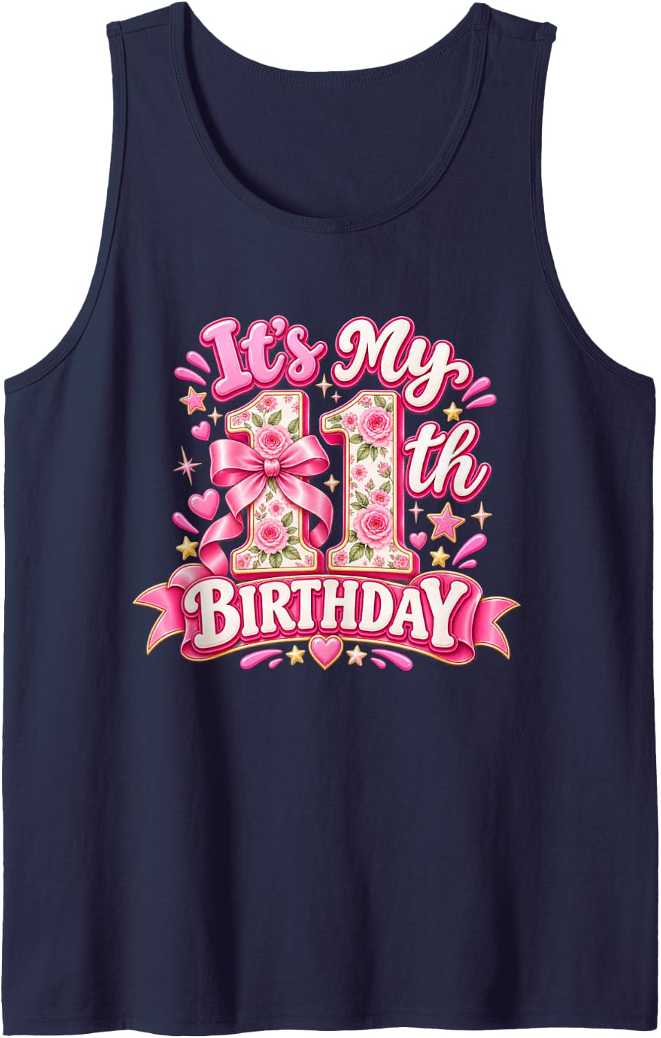Its My 11th Birthday Coquette Bow 11 Year Old Girl Party Sleeveless Tank Top - Navy Blue