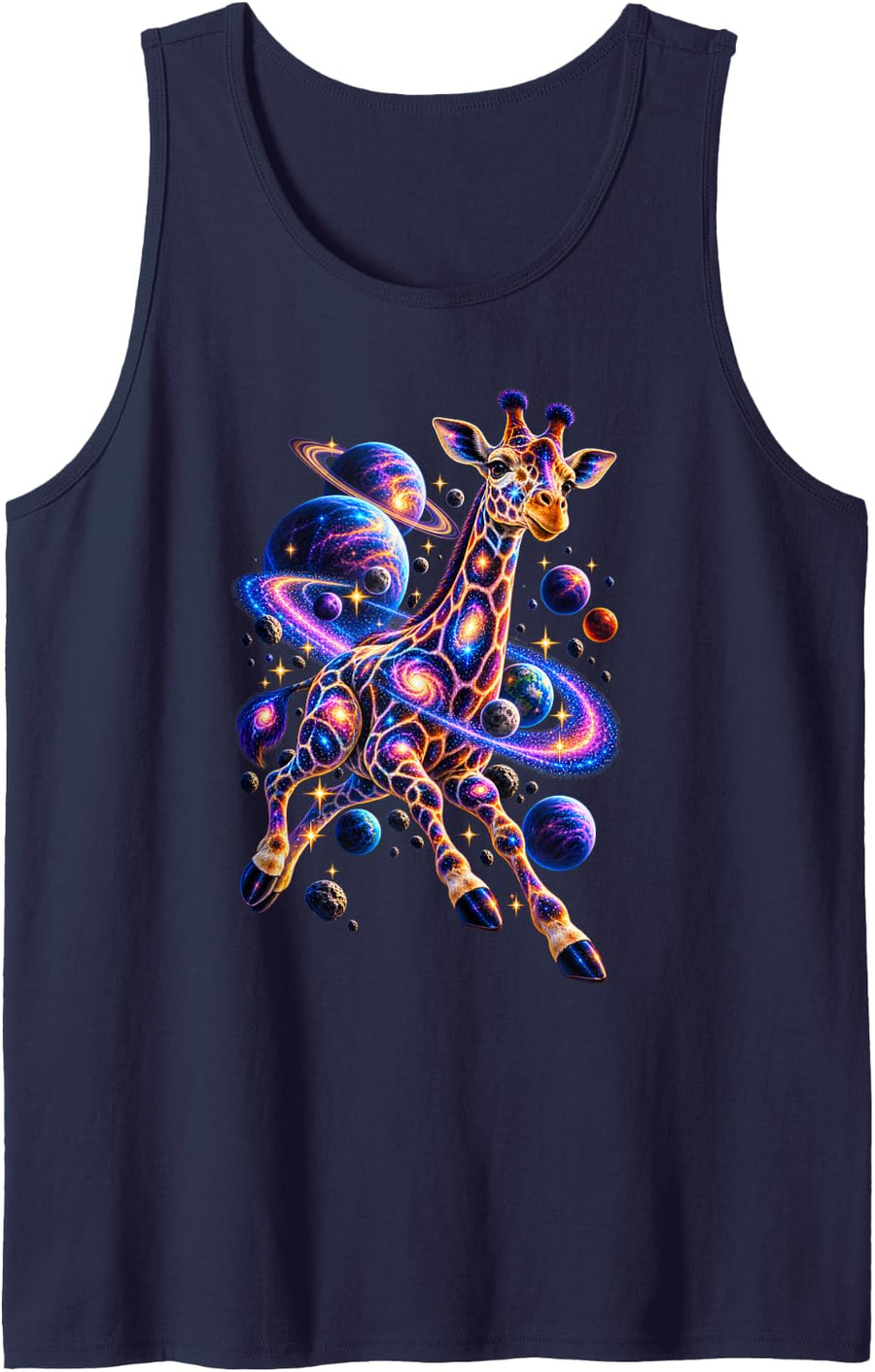 Cosmic Galaxy Giraffe Planets Stars Space Fantasy Art Sleeveless Tank Top - Navy Blue