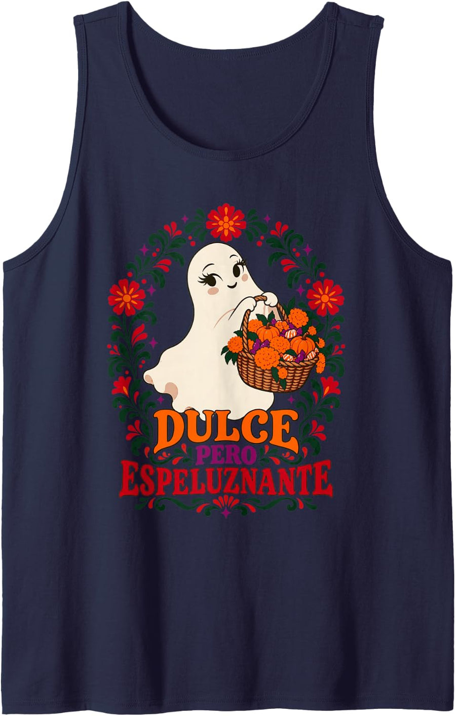 Cute Mexican Halloween Ghost Spanish Floral Pumpkin Sleeveless Tank Top - Navy Blue