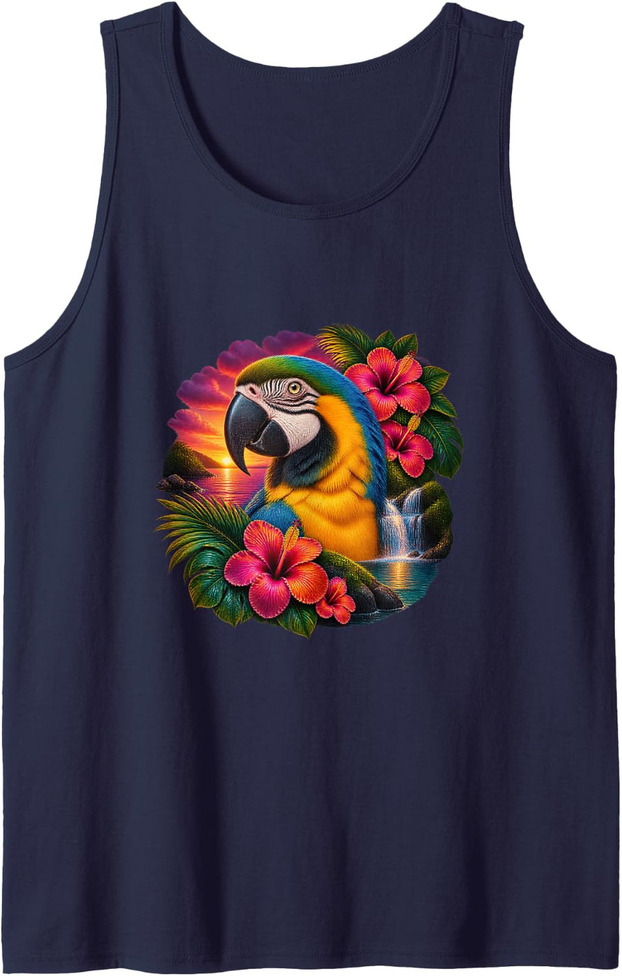 Blue and Gold Macaw at Sunset Lagoon Sleeveless Tank Top - Navy Blue