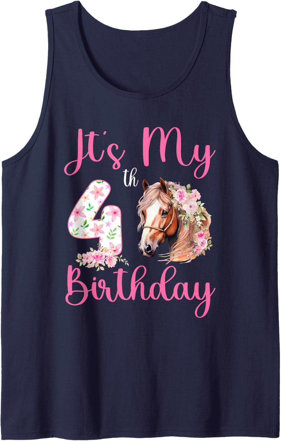 It's My 4th Birthday Party 4 Year Old Bday Horse Lover Sleeveless Tank Top - Navy Blue