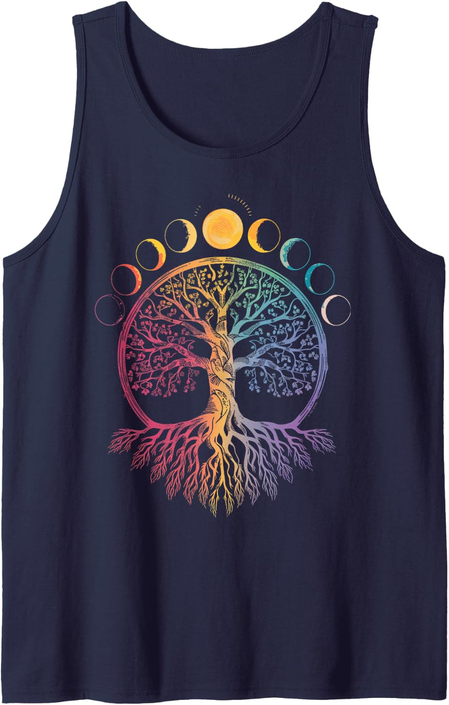 Cottagecore Tree and Moon Phase Boho Sleeveless Tank Top - Navy Blue