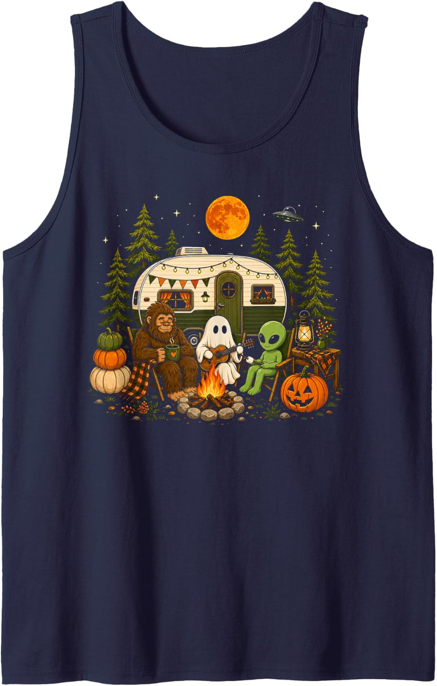 Vintage Ghost Bigfoot Alien Camping Camper Autumn Retro Tank Top - Navy Blue