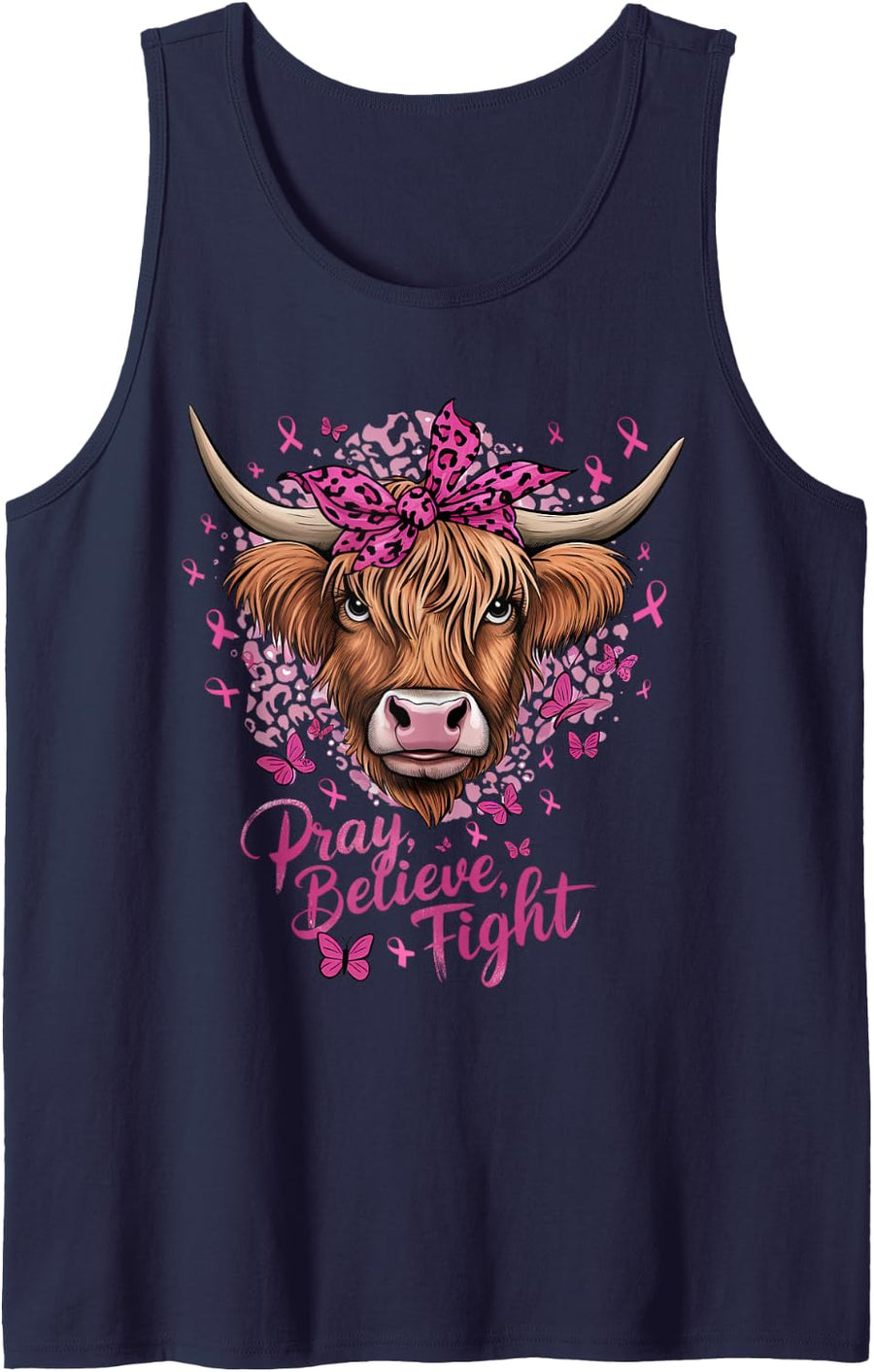 Highland Cow Pink Ribbon Breast Cancer Awareness Tank Top - Navy Blue