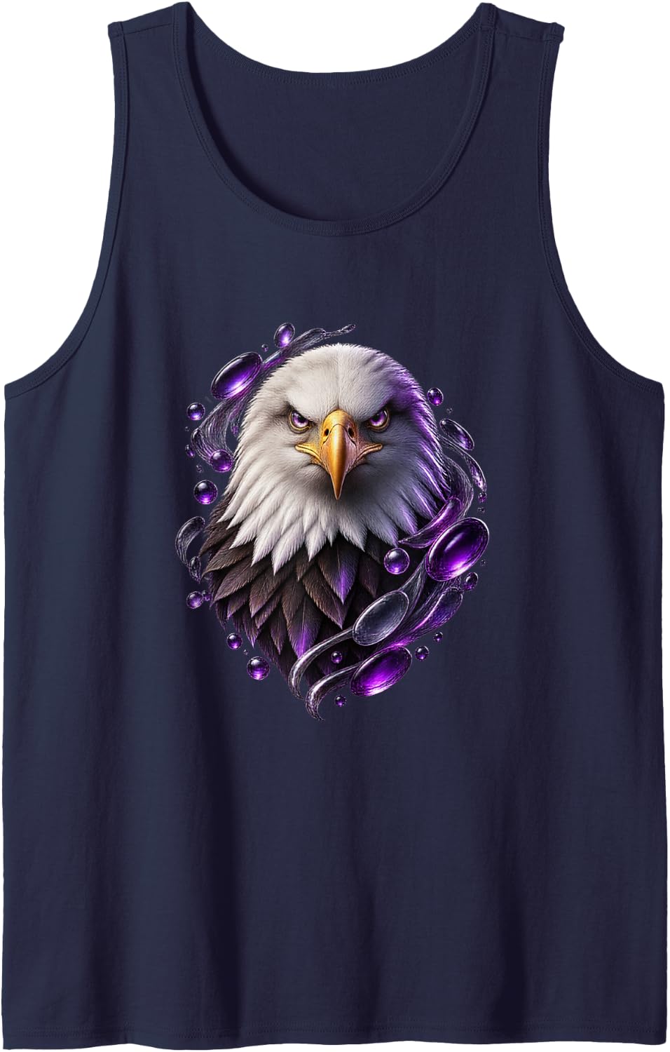 Bald Eagle with Amethyst Glass Flow Raptor Art Sleeveless Tank Top - Navy Blue