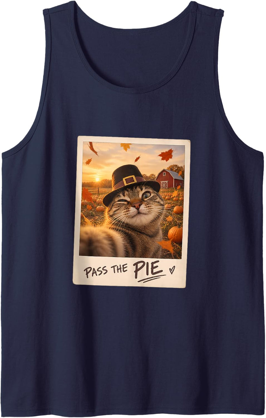 Pass The Pie Tabby Cat Selfie Thanksgiving Humor Sleeveless Tank Top - Navy Blue