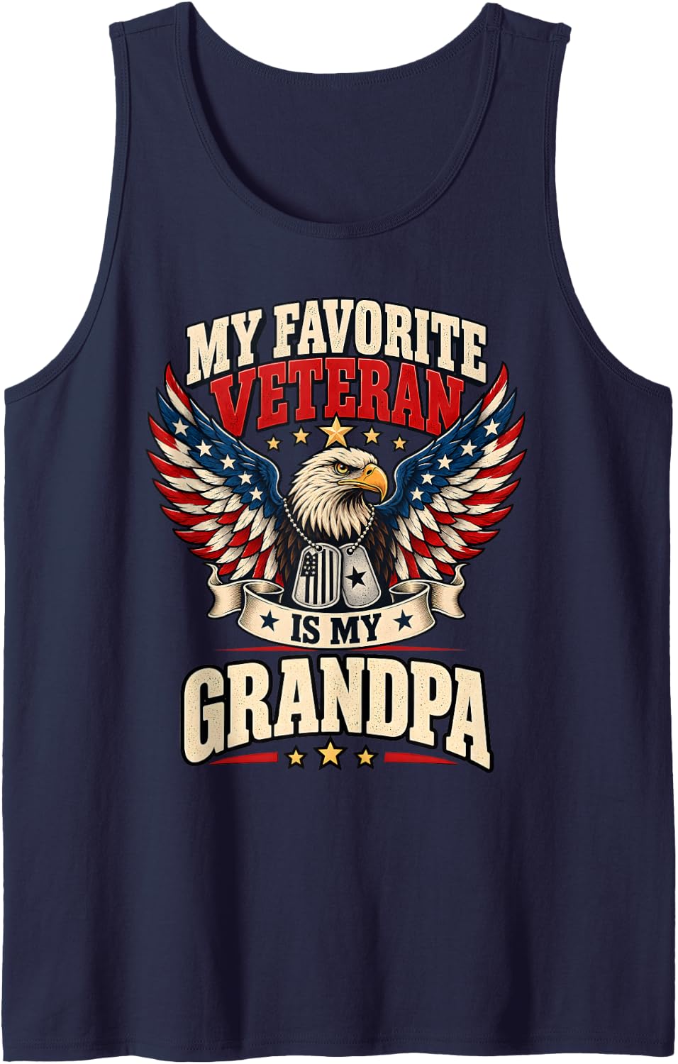 Favorite Veteran is My Grandpa USA Flag Vintage Women Men Sleeveless Tank Top - Navy Blue