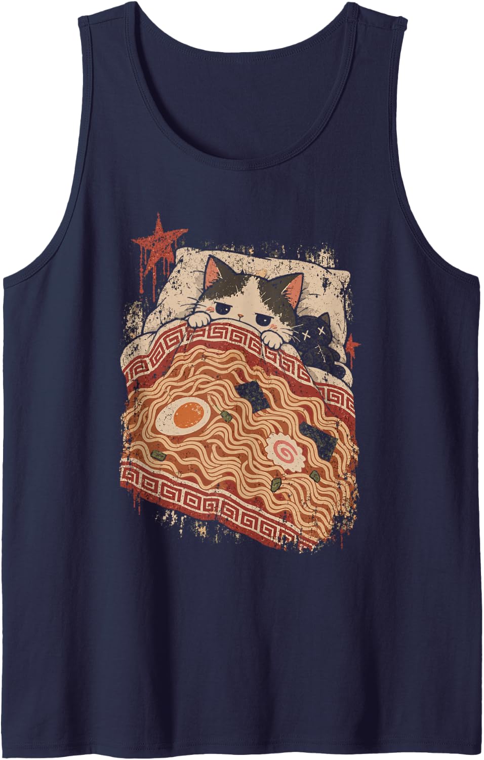Funny Cat Ramen Noodles Kawaii Ramen Cat Tuck in Sleeveless Tank Top - Navy Blue