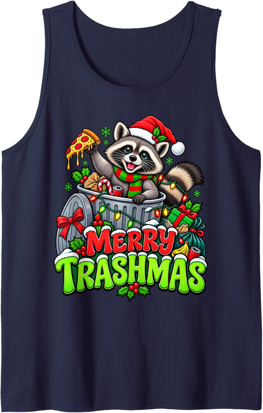 Merry Trashmas Raccoon Funny Christmas Pizza Chaos Tank Top - Navy Blue