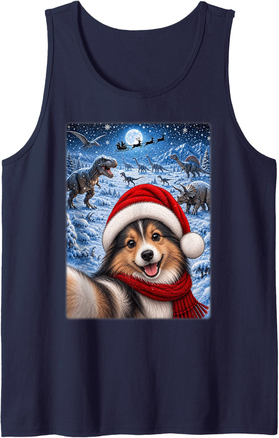 Shetland Sheepdog Christmas Moon Night Starry Dinosaurs Xmas Tank Top - Navy Blue