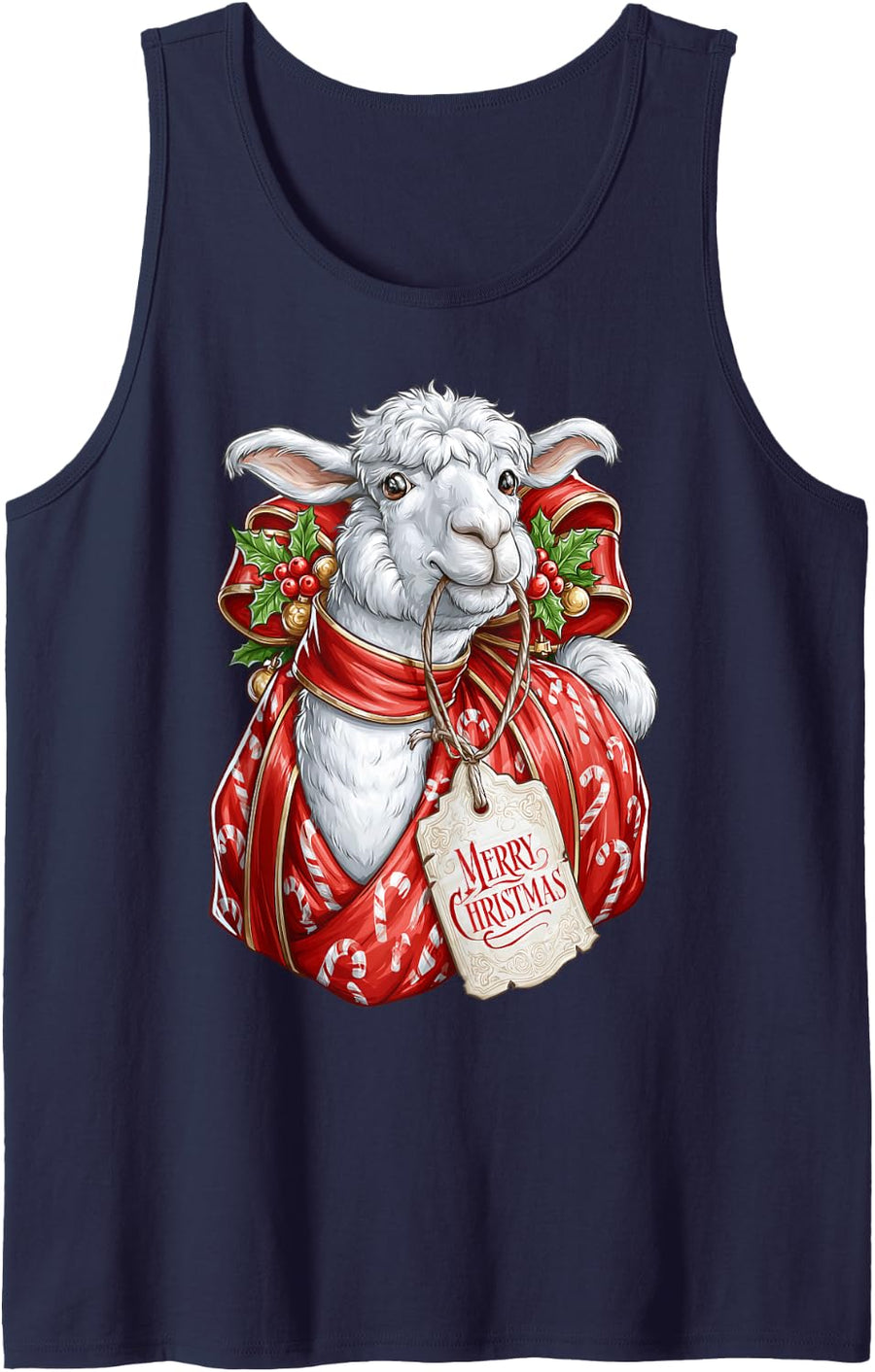 Alpaca Llama Candy Cane Wrapping Paper Present Holly Tank Top - Navy Blue