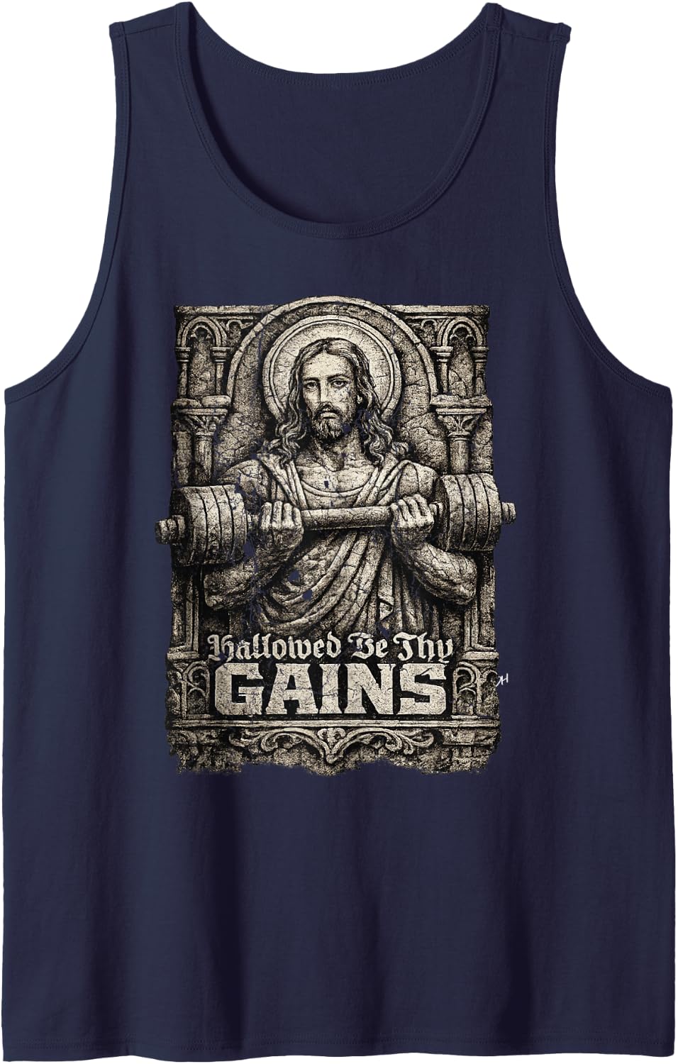 Funny Christians Mens Workout Hallowed Be Thy Gains Stone Tank Top - Navy Blue