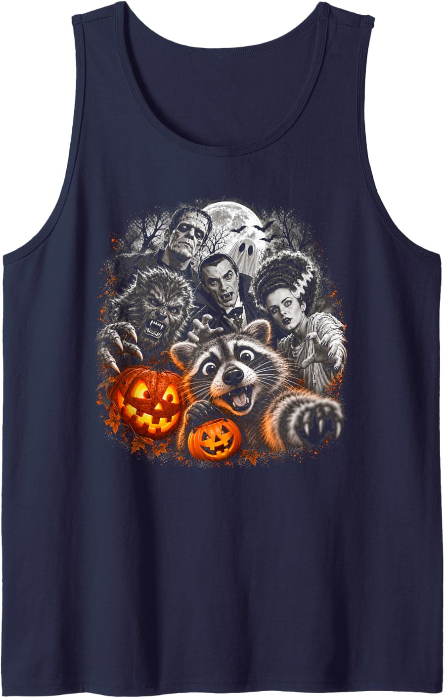 Halloween Raccoon Monster Selfie Pumpkin Pail Vintage Art Sleeveless Tank Top - Navy Blue