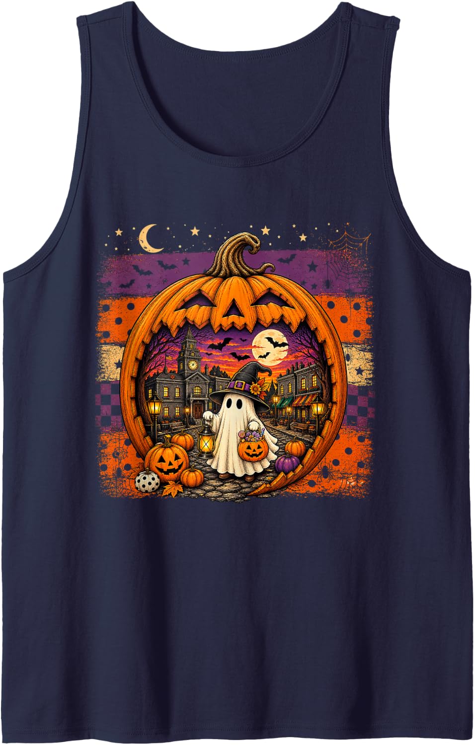 Vintage Halloween Pumpkin Ghost Haunted Village Scene Tank Top - Navy Blue