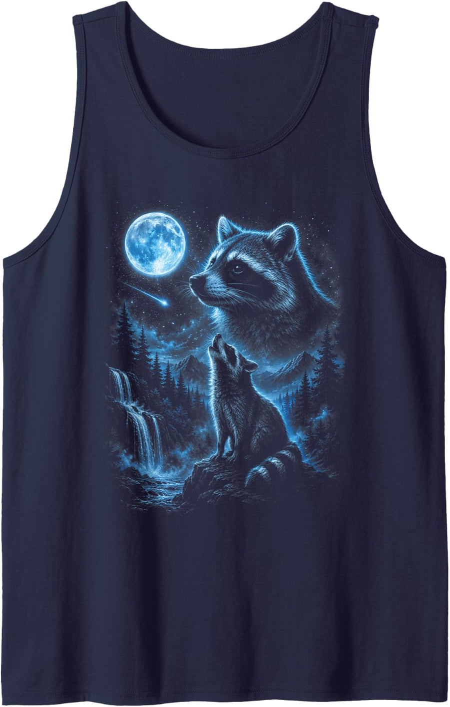 Vintage Raccoon Howling At The Moon Meme 90s Trash Panda Tank Top - Navy Blue