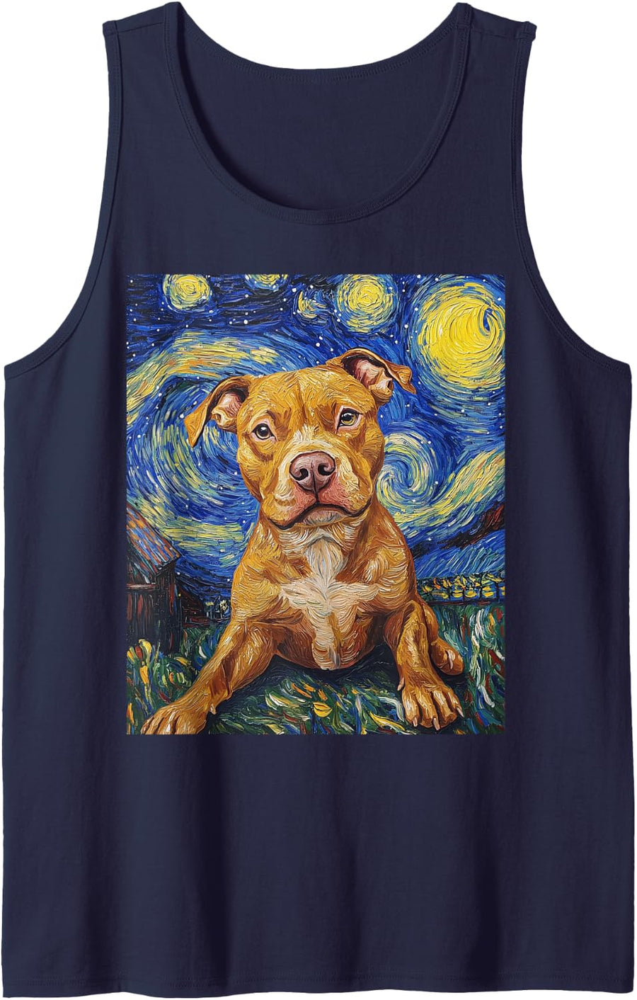 Pitbull Dog Pittie Van Gogh Style Starry Night Graphic Sleeveless Tank Top - Navy Blue